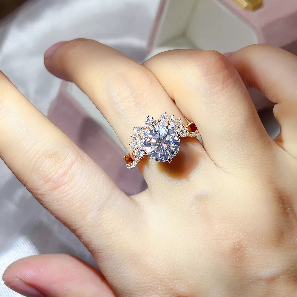 Top view of the 3 carat moissanite ring showing stone fire