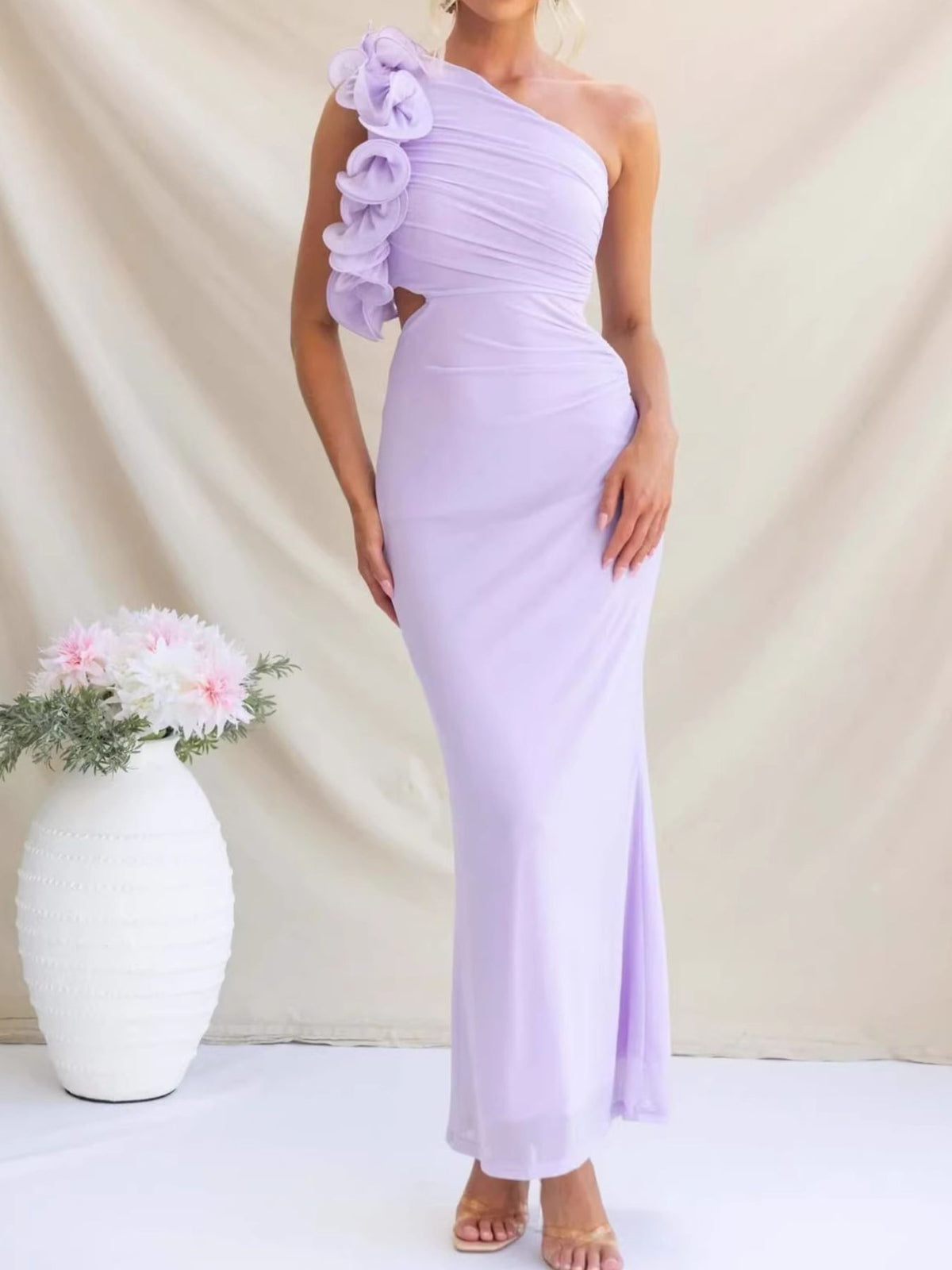 One shoulder floral trim sleeveless maxi dress skirt and hem detail
