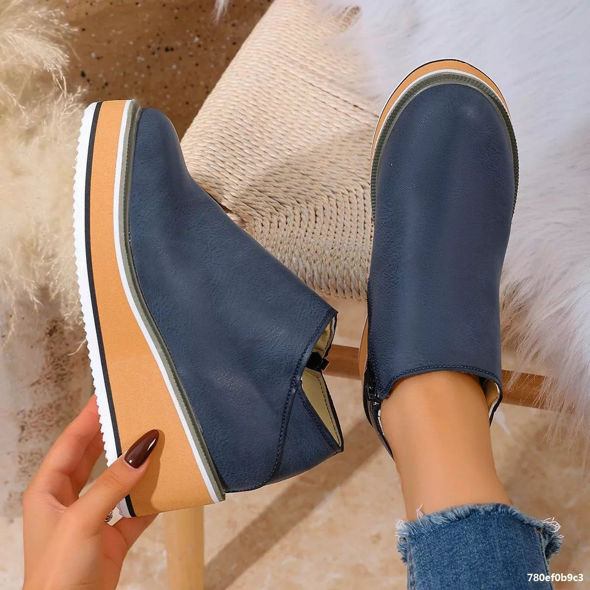 wedge ankle boots with zipper styled on model