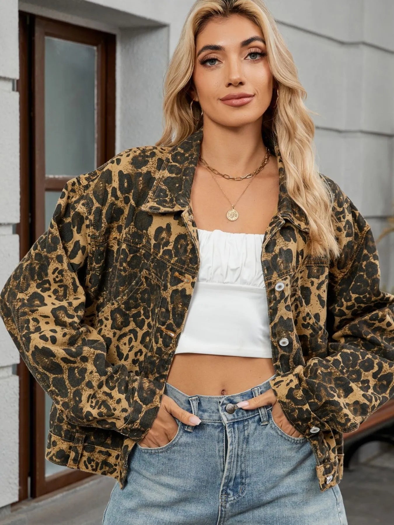 Leopard Print Button Up Denim Jacket - Fashorio