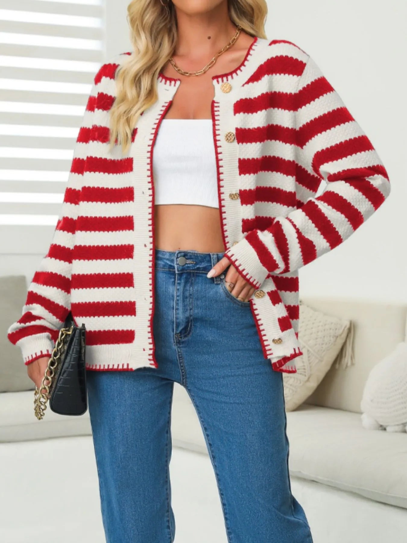 Button Down Striped Long Sleeve Cardigan - Fashorio