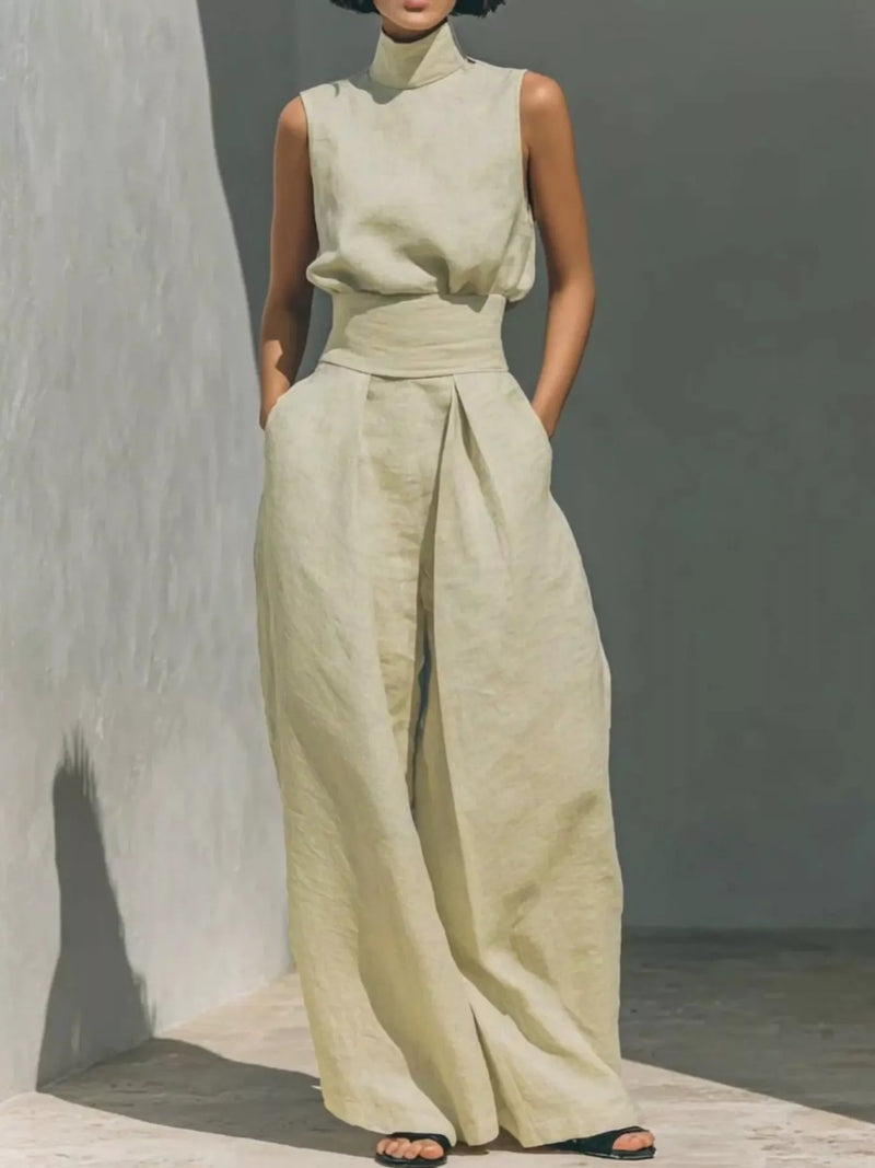Turtleneck sleeveless top and wide leg pants set front view