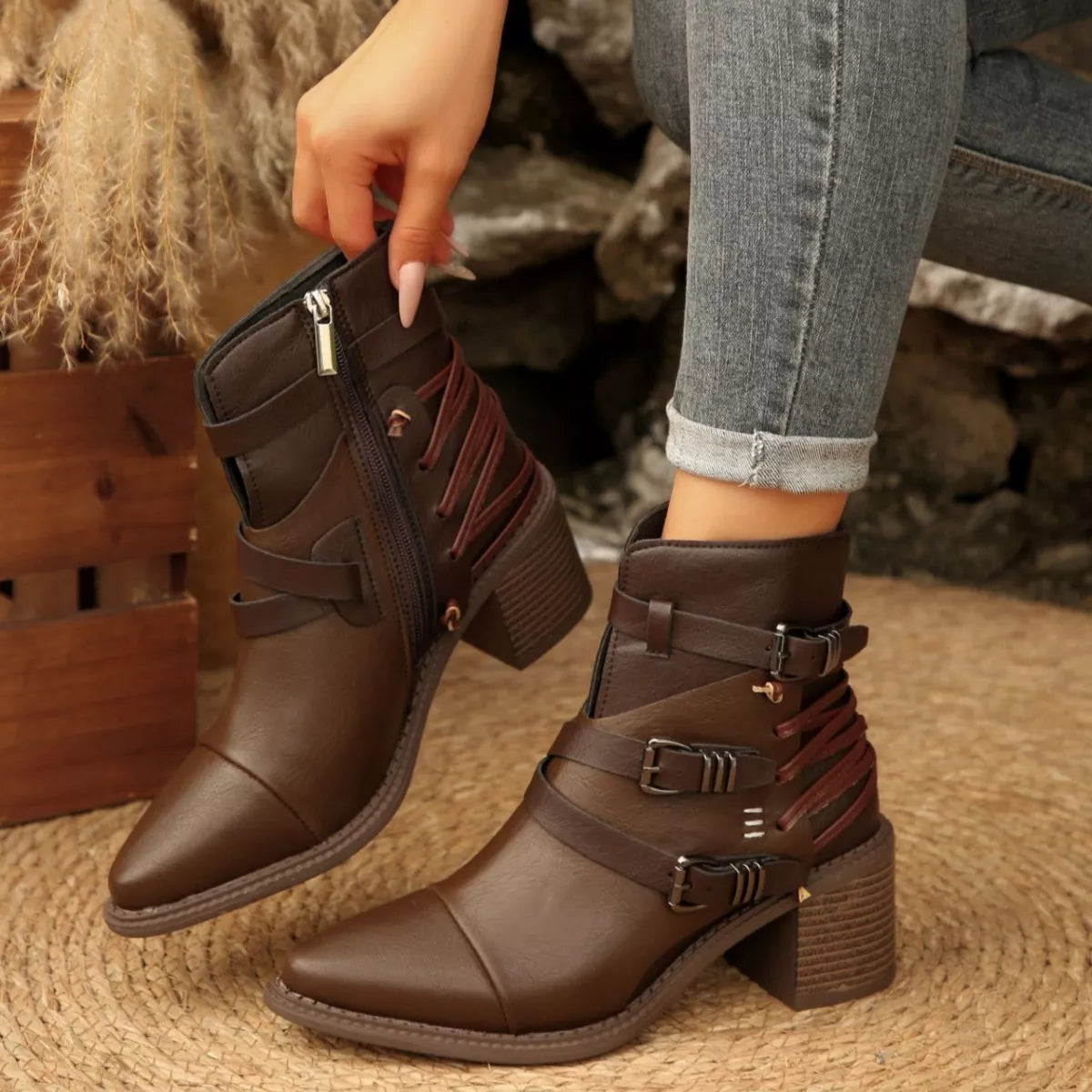 Point Toe Buckle Strap Ankle Boots with Block Heel side profile
