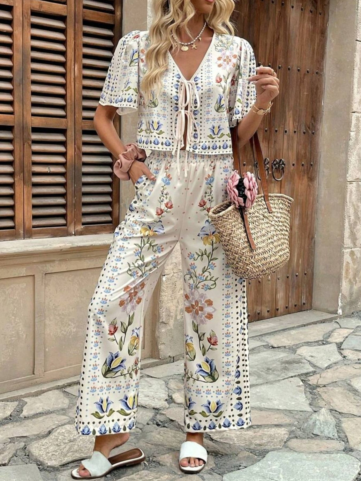 Floral matching top and pants set side view
