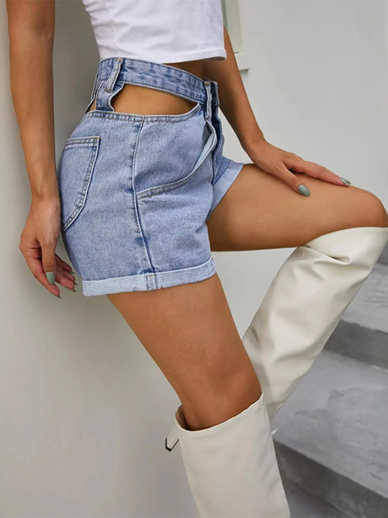 High-Waisted Cutout Denim Shorts - Fashorio