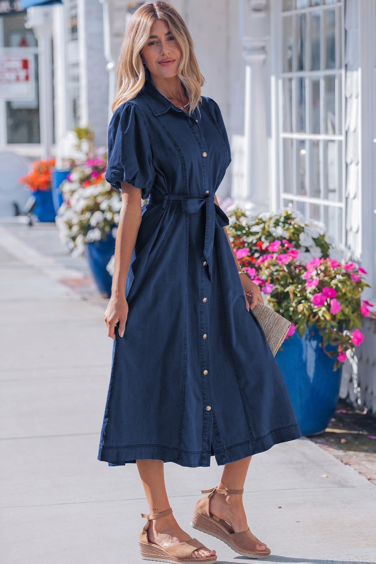 Blue denim button down dress fabric texture