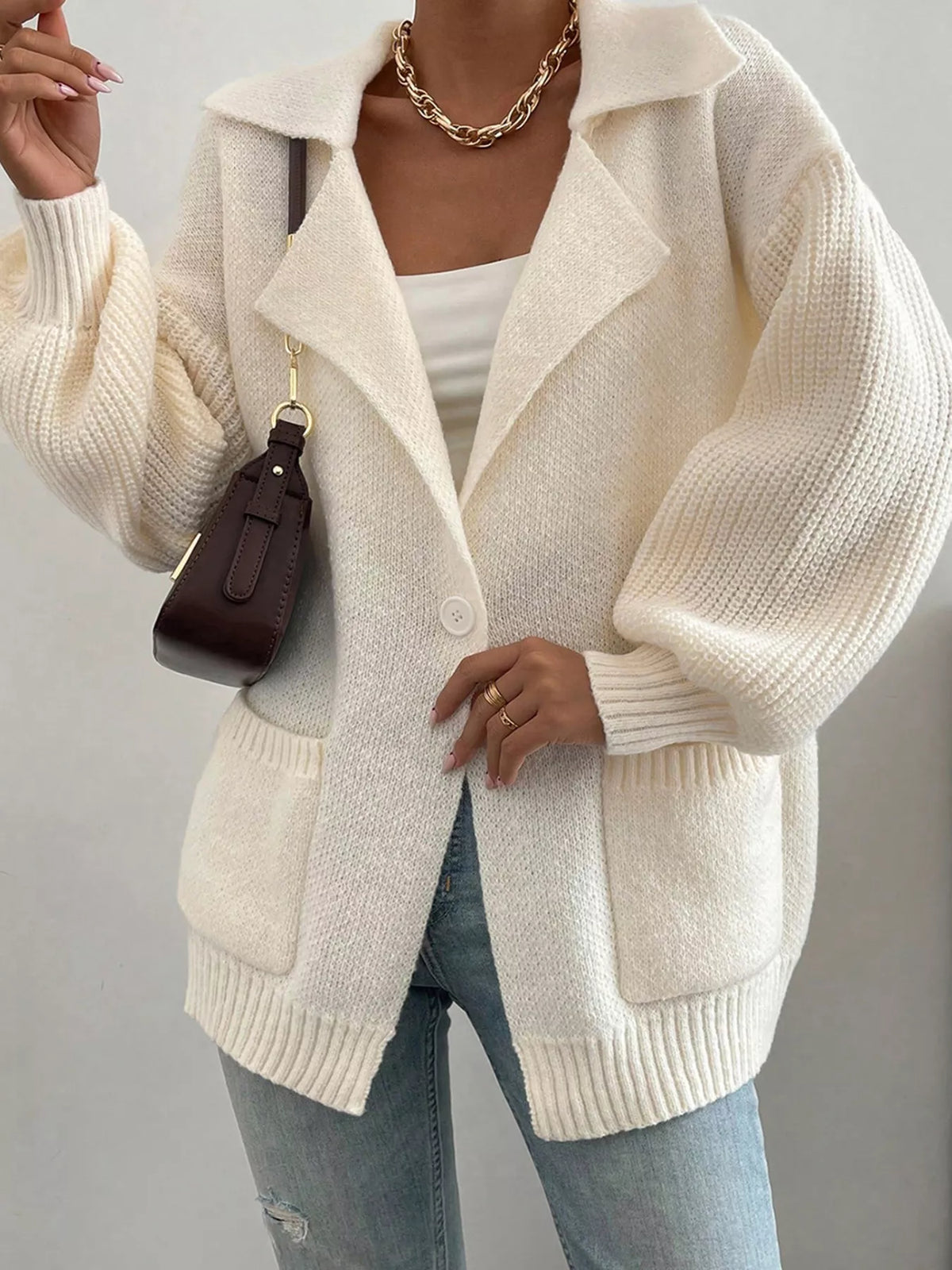 Lapel Collar Single Button Cardigan in Ivory back view