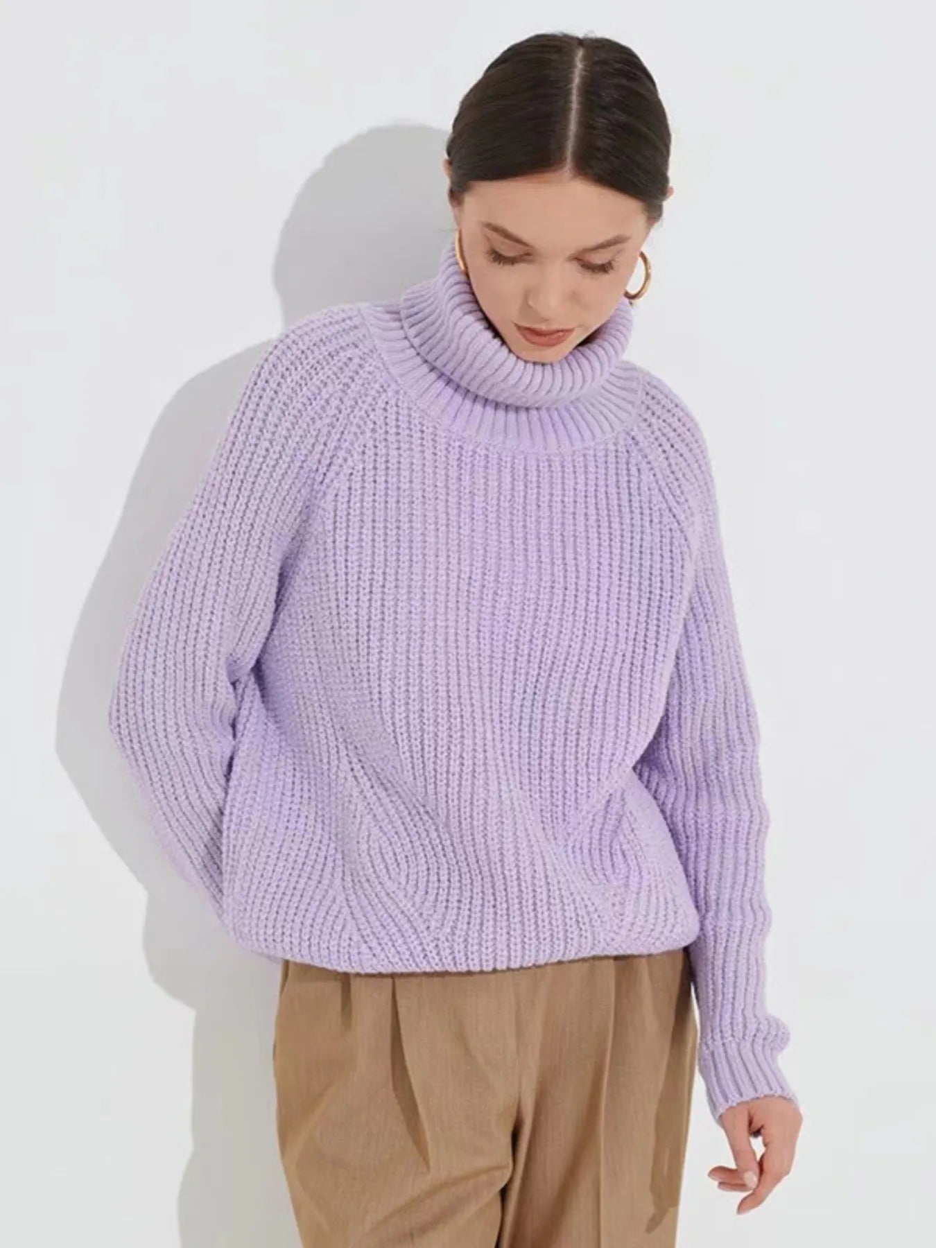 Turtleneck Long Sleeve Sweater Light Purple - Fashorio