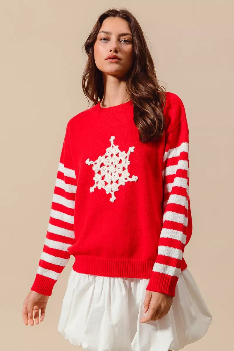 Snowflake Crochet Christmas Sweater in Red and Ivory styled look