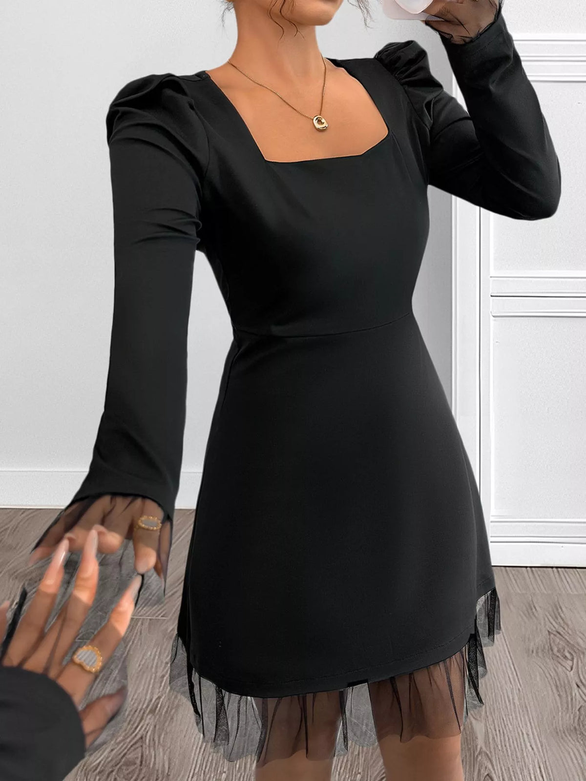 Square neck puff sleeve mesh hem dress side profile