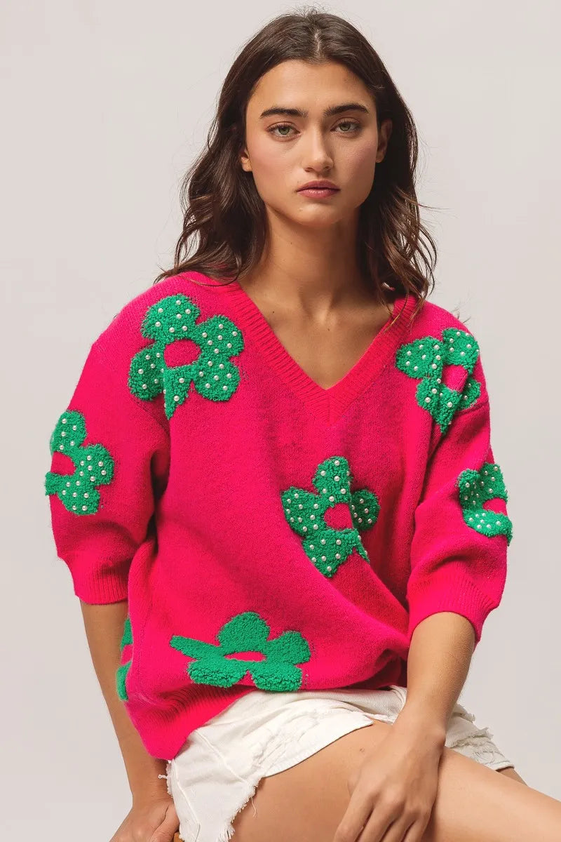 BiBi Pearl Beads Flowers Sweater Top - Fashorio