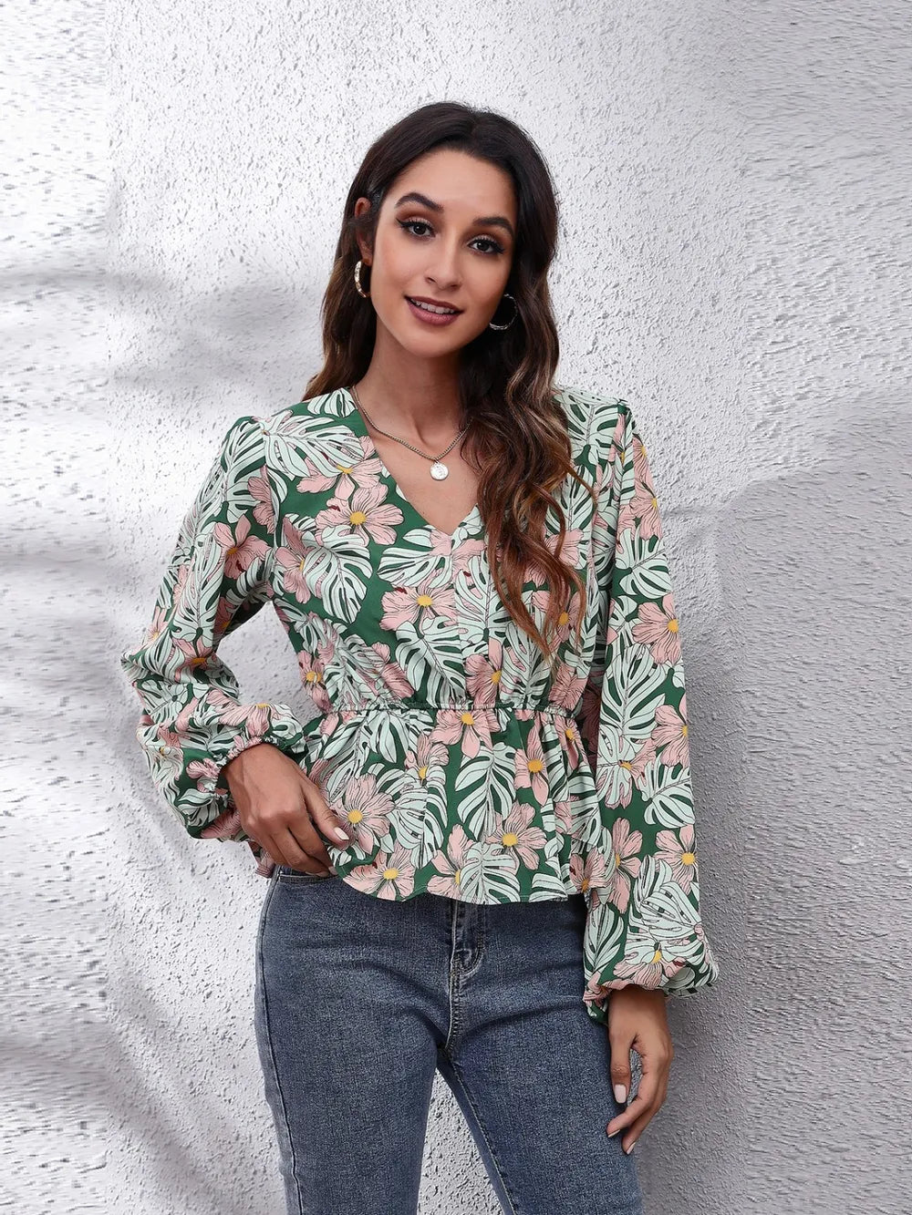 Floral V-Neck Balloon Sleeve Peplum Blouse - Fashorio