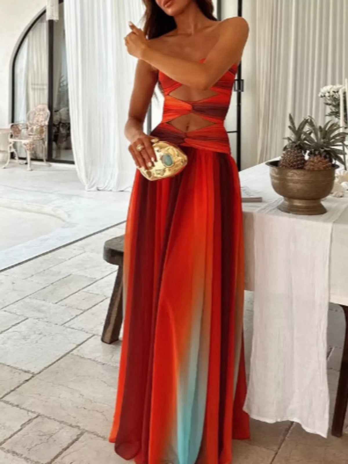 Orange red strapless cutout maxi dress, back view