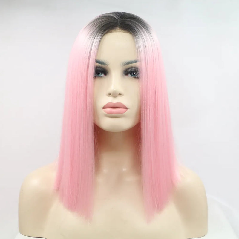 Black and pink mid length straight lace front wig front view