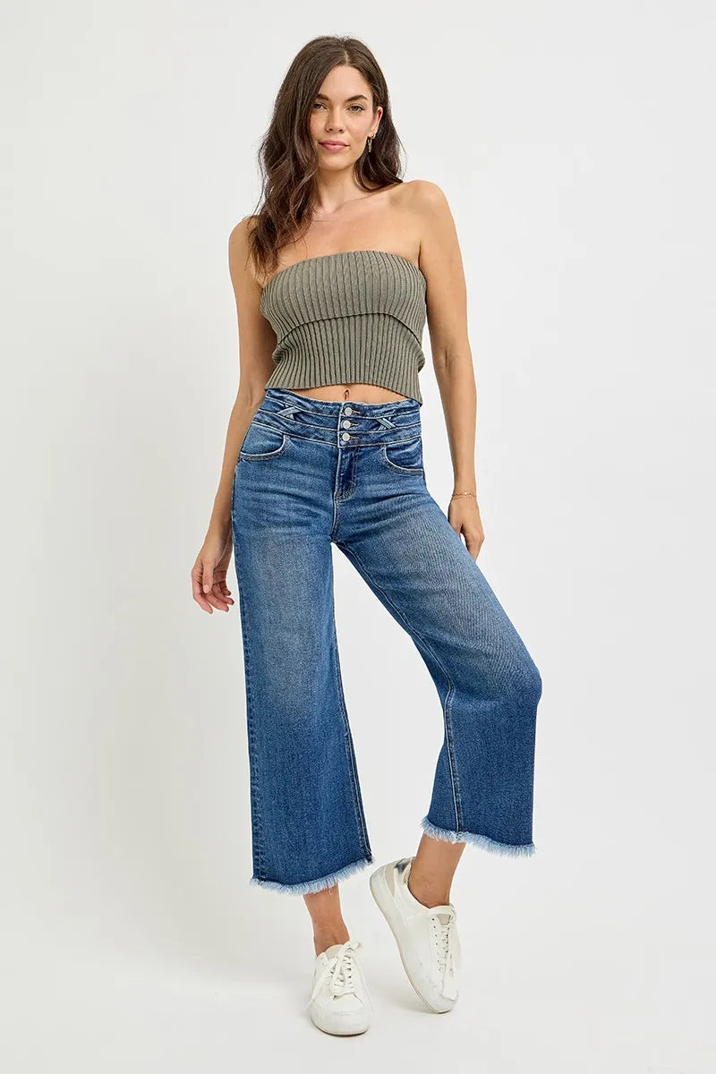 RISEN High Rise Crop Wide Leg Jeans with Wide Band Detail - Fashorio
