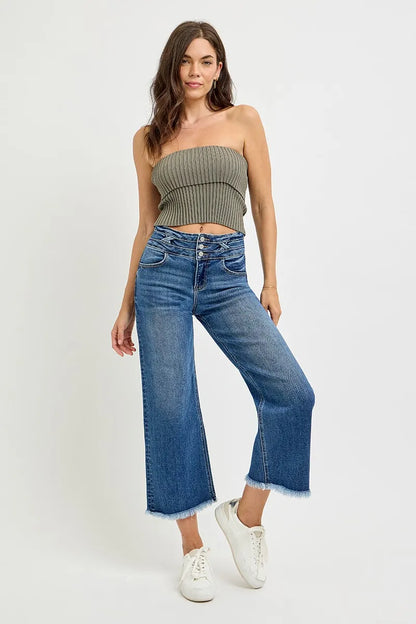 RISEN High Rise Crop Wide Leg Jeans with Wide Band Detail - Fashorio