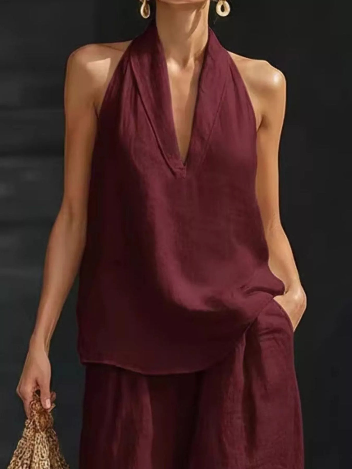 Halter Neck Top and Wide Leg Pants Set Plus Size, view 13