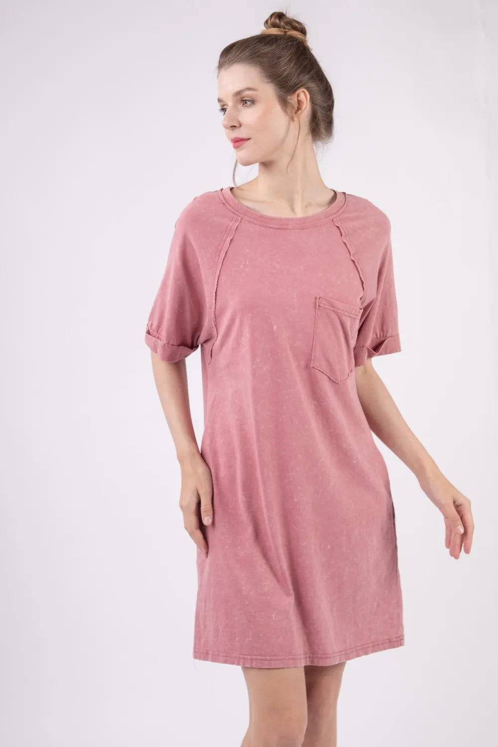 Washed Round Neck Tee Mini Dress in Mauve side view