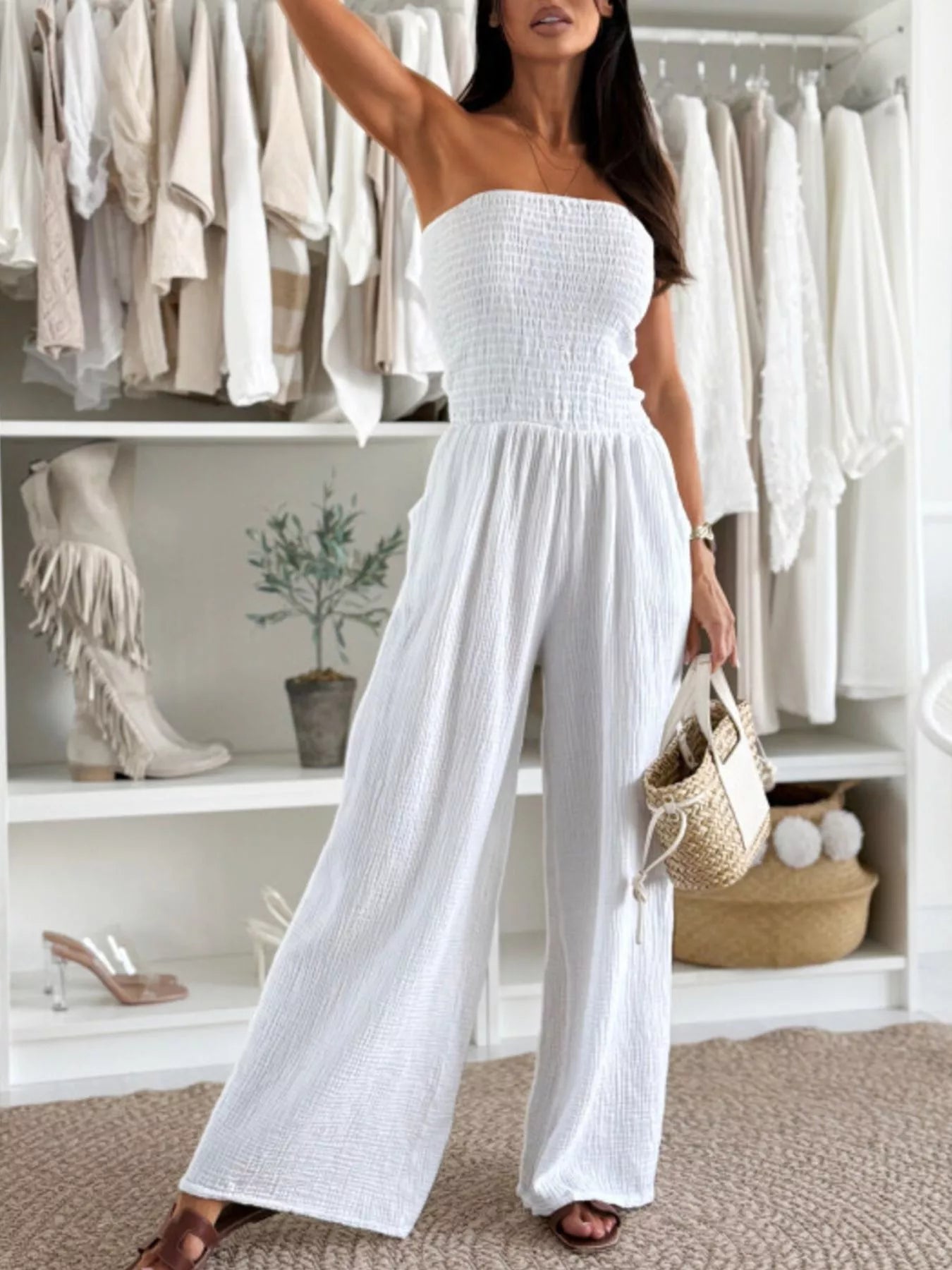 Smocked Tube Wide-Leg Jumpsuit - Fashorio