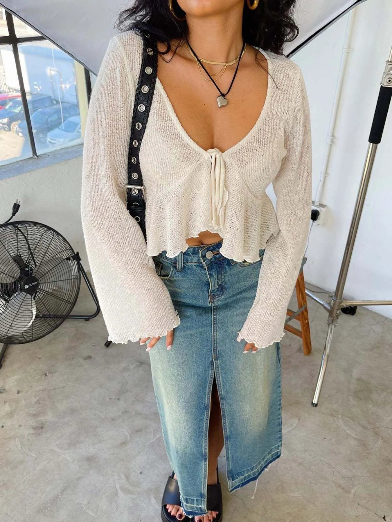 Ruffled Hem Tie-Front Cropped Cardigan - Fashorio