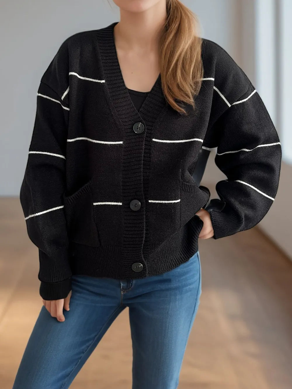 Striped Button Down V-Neck Long Sleeve Cardigan - Fashorio