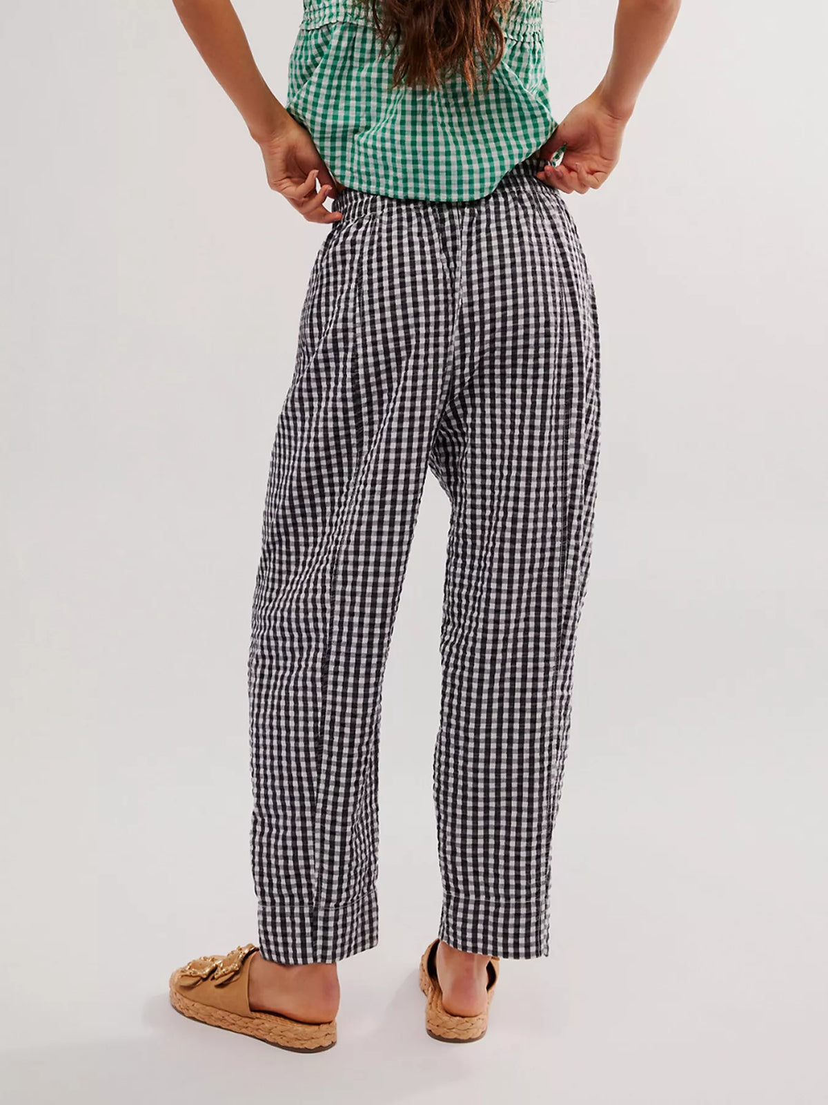 Green gingham relaxed fit pants styled view