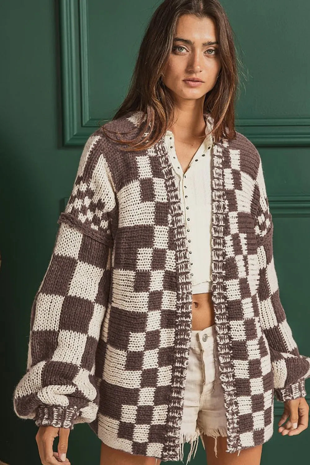 Checkered Open Front Long Sleeve Cardigan - Fashorio