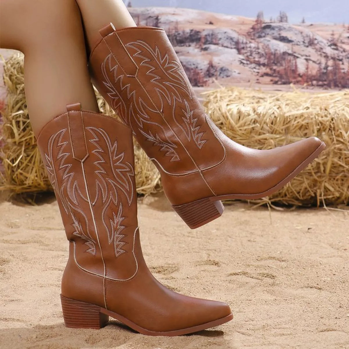 Embroidered Point Toe Block Heel Boots heel detail