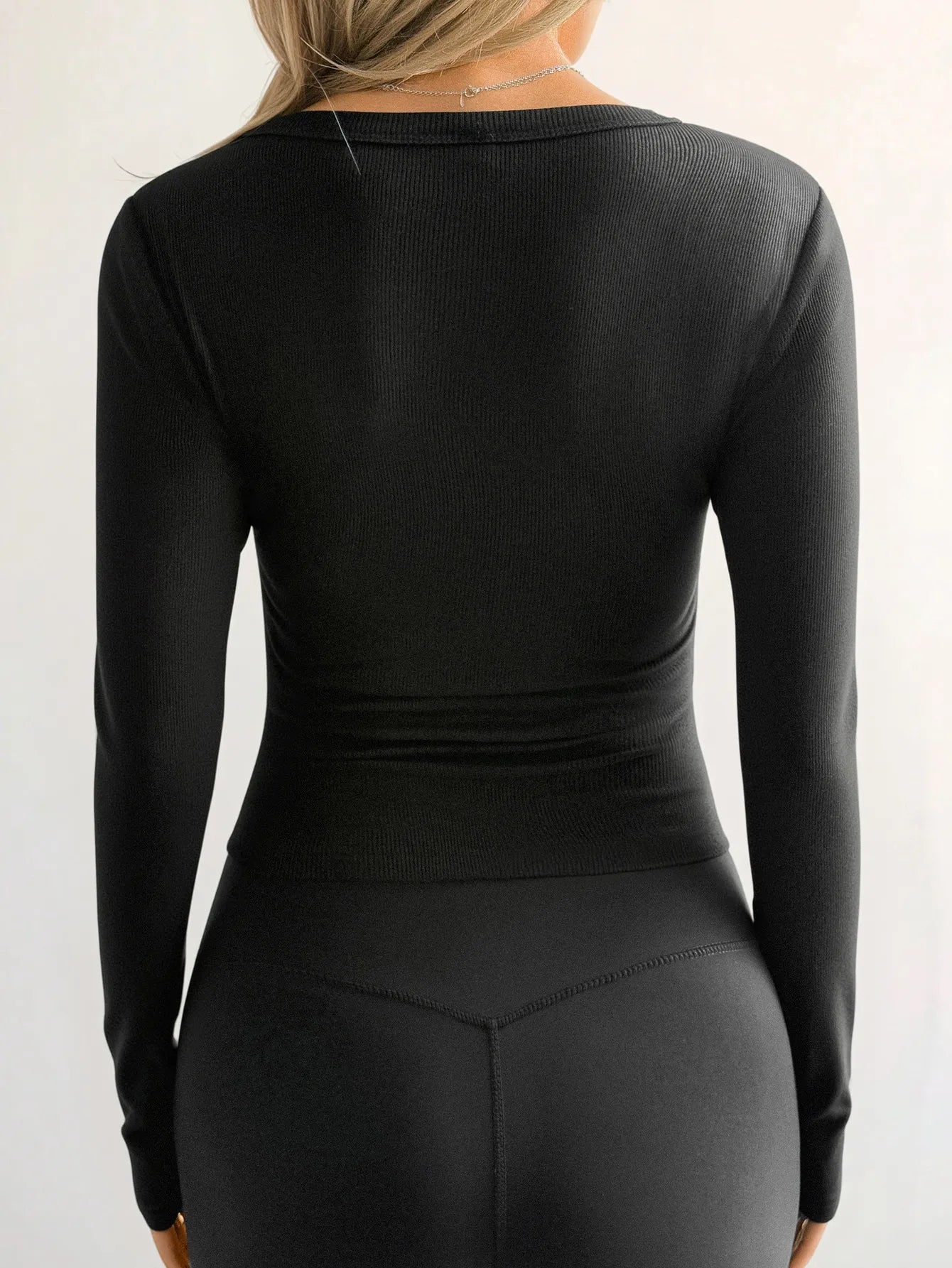 Ribbed V-Neck Long Sleeve T-Shirt - Fashorio