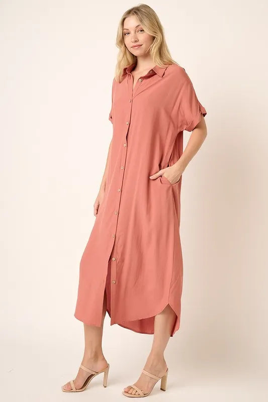 Collared Neck Dolman Short Sleeve Midi Shirt Dress side view