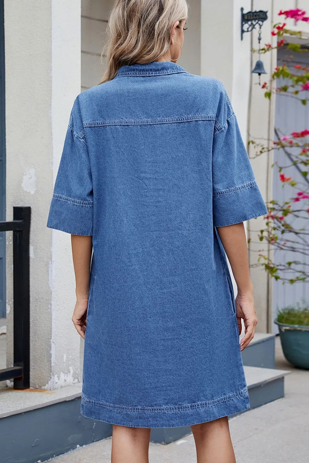 Johnny collar denim dress close up