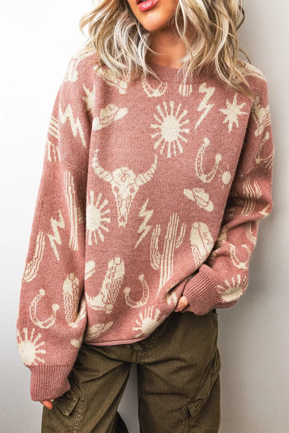 Western Graphic Ribbed Round Neck Sweater