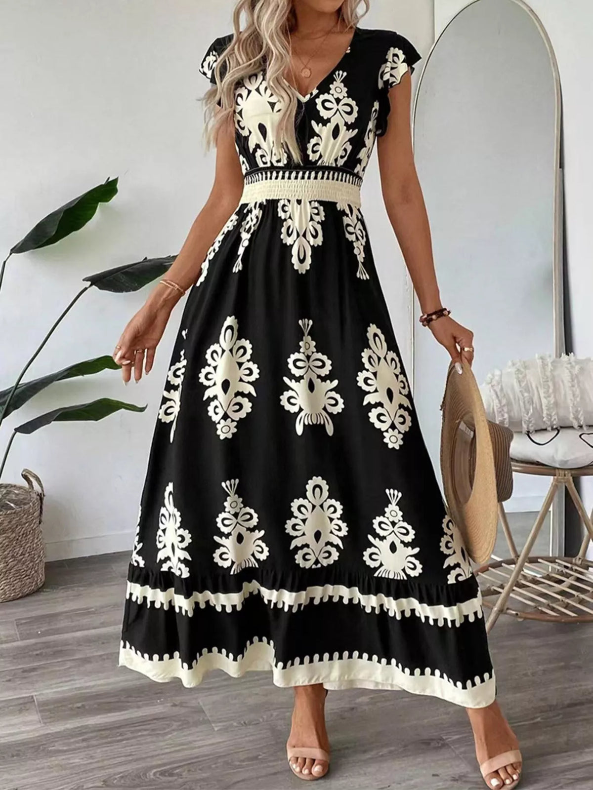 ruffle print v neck maxi dress three quarter view