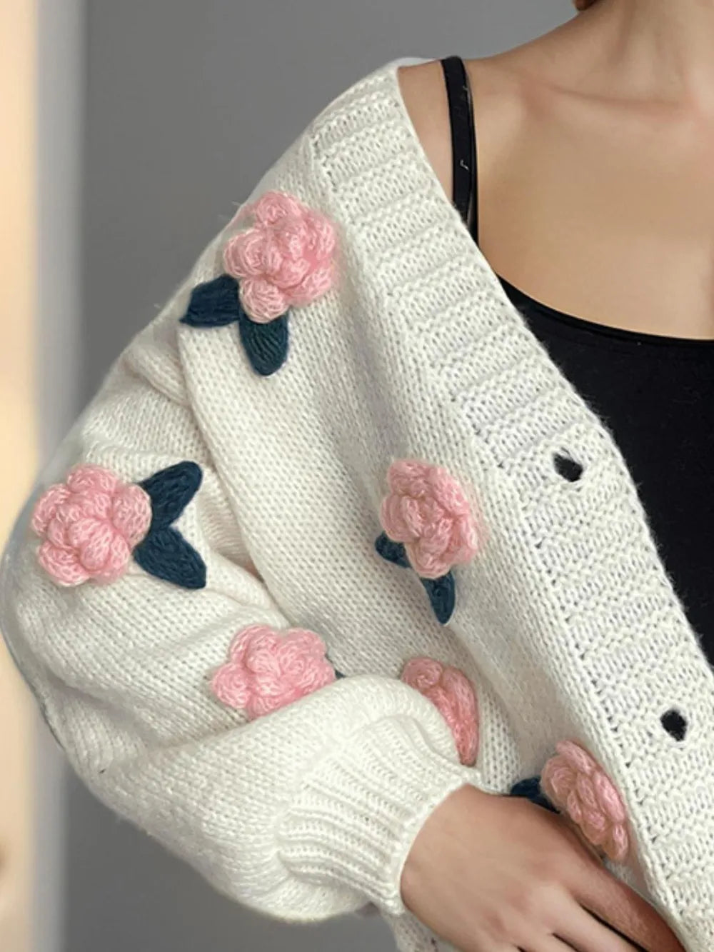 Flower Button Down V-Neck Long Sleeve Cardigan - Fashorio