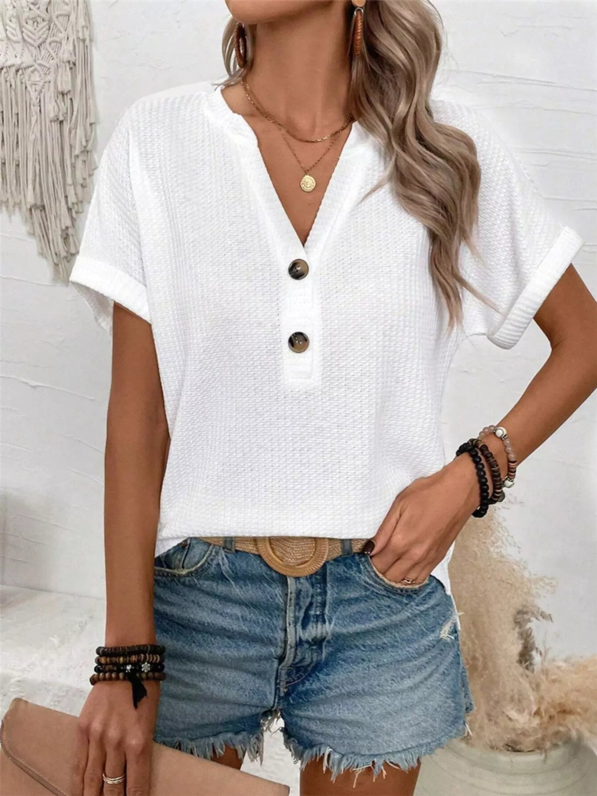 Waffle knit short sleeve tee back view