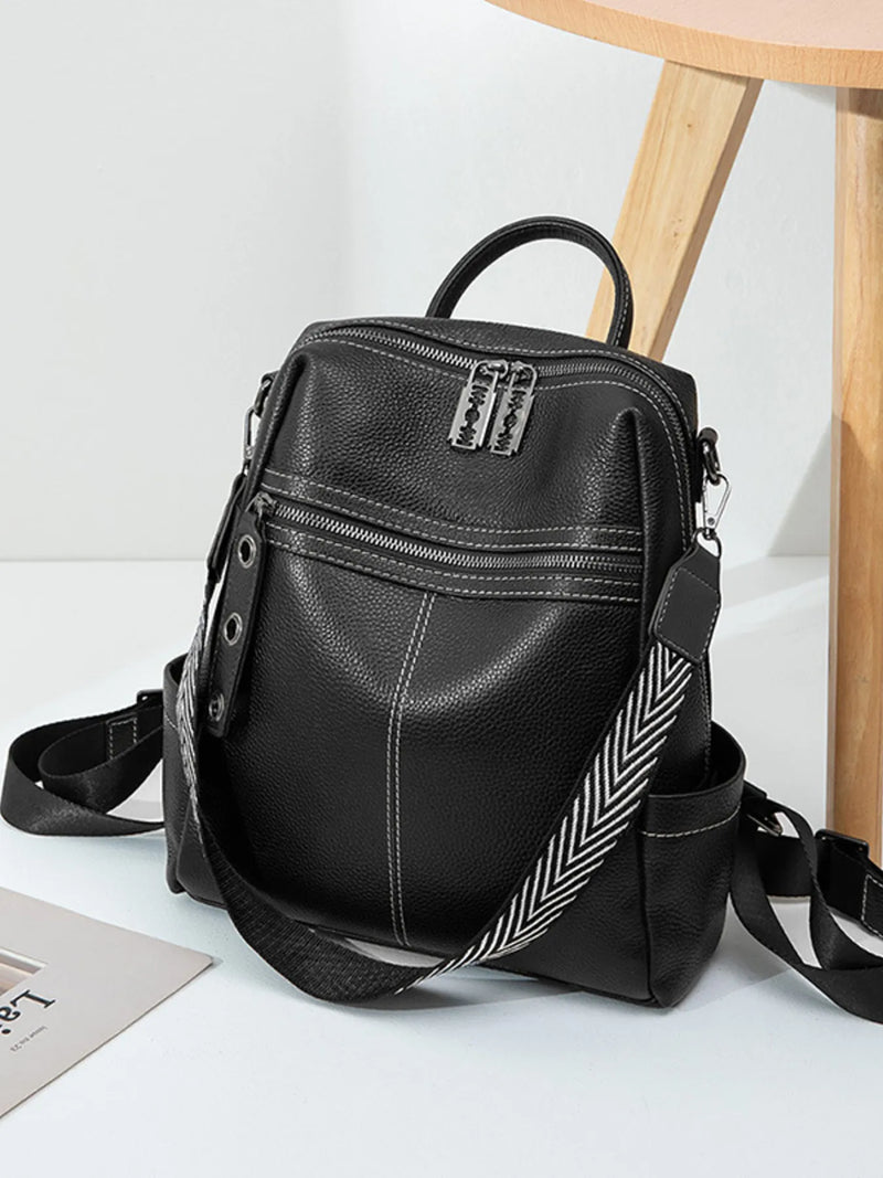 Black leather multi compartment backpack front view