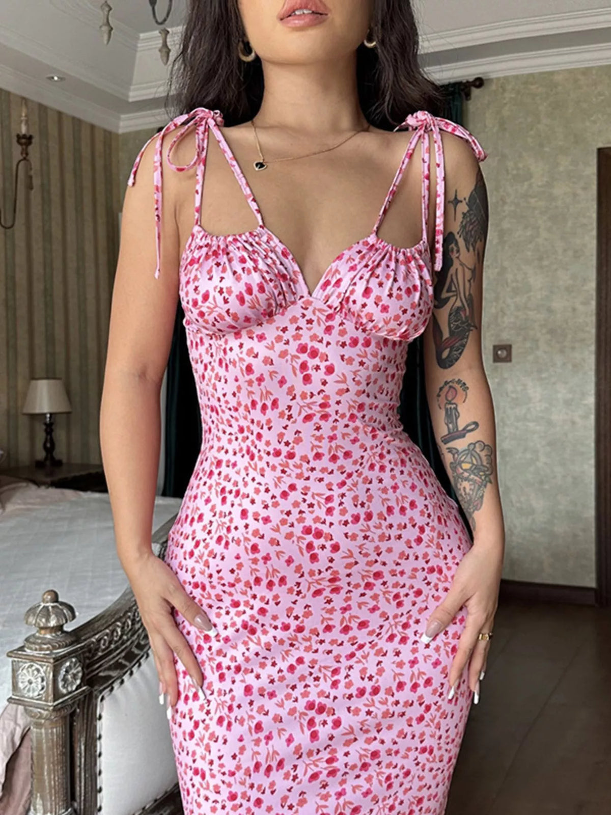 Floral tie strap bodycon maxi dress back view