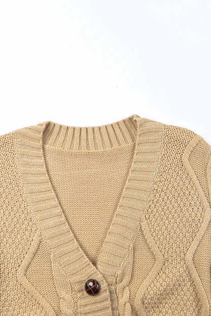 Cable-Knit Button Down V-Neck Cardigan - Fashorio