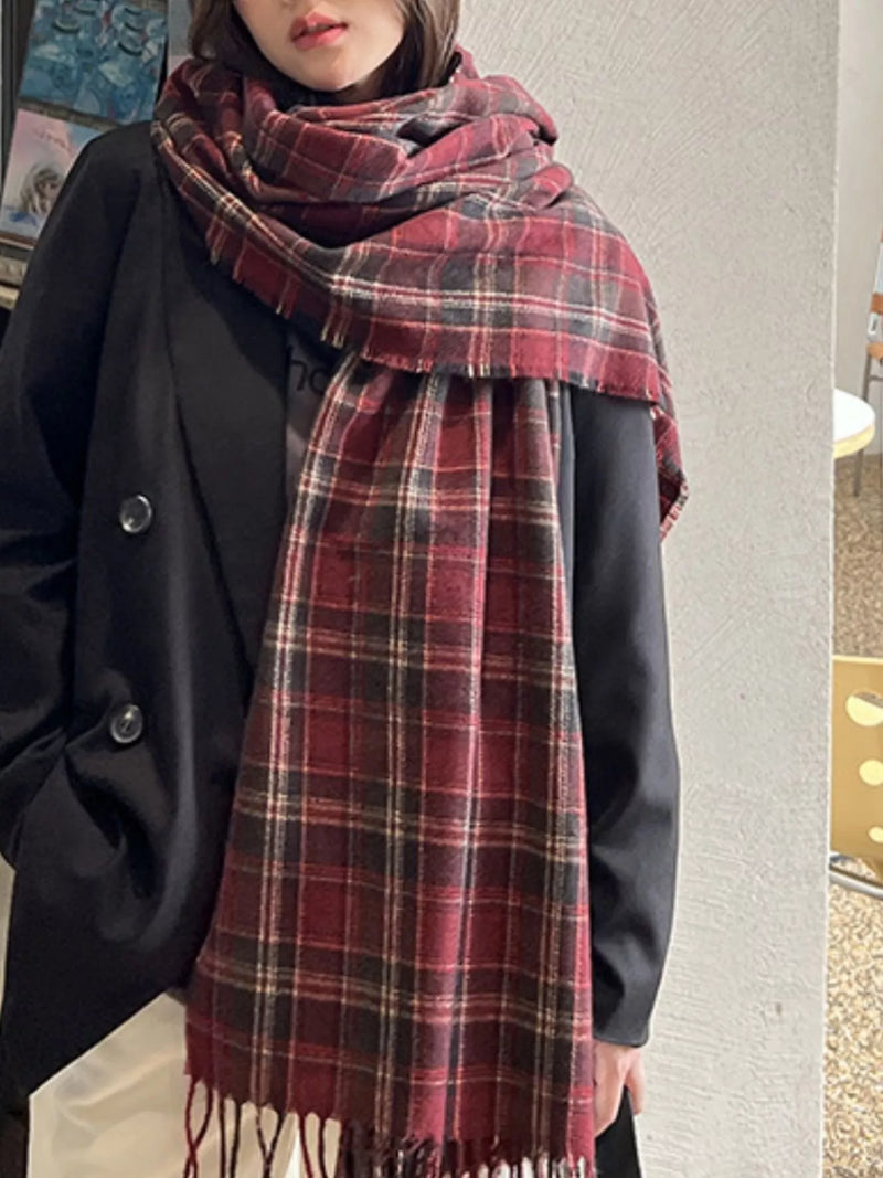 Classic plaid fringe scarf front view