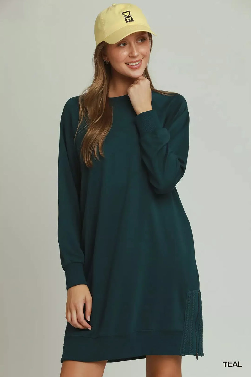 Umgee side crochet zipper dress in teal, front view on model