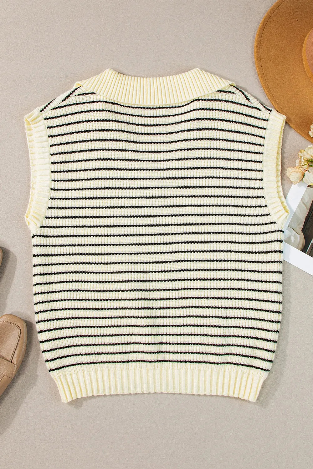Striped Johnny Collar Sweater Vest in Beige view 7