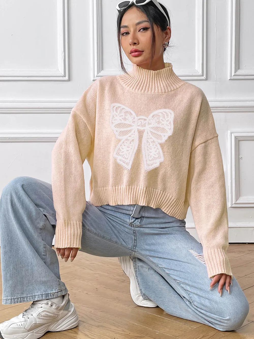 Bow turtleneck long sleeve sweater full length