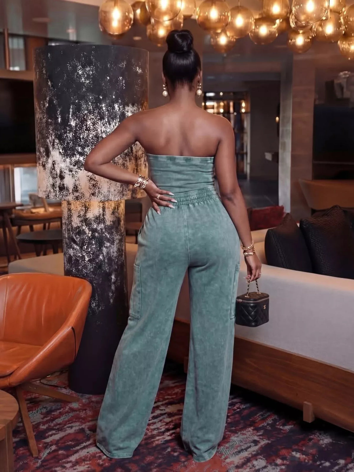 Strapless jumpsuit pocket detail