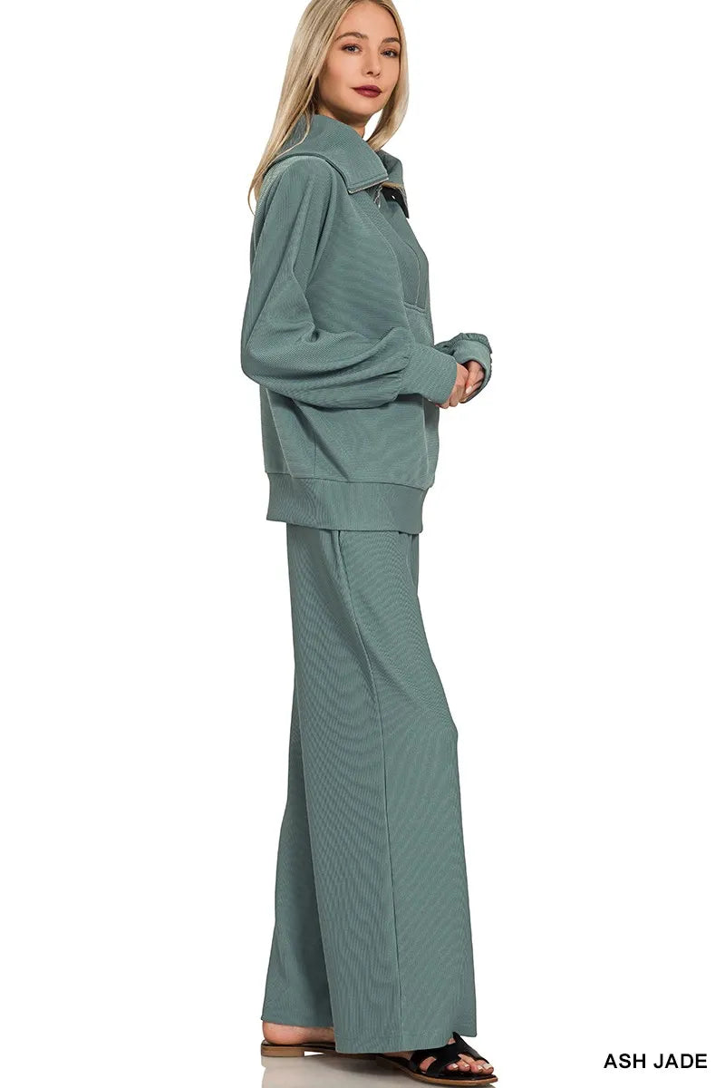 Zenana Ribbed High Neck Half Zip Pullover & Pants Set - Fashorio