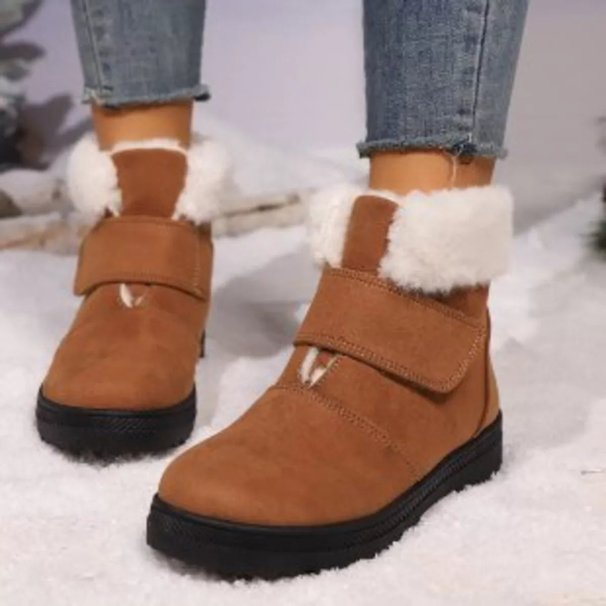 Round Toe Fuzzy Ankle Boots heel and sole detail