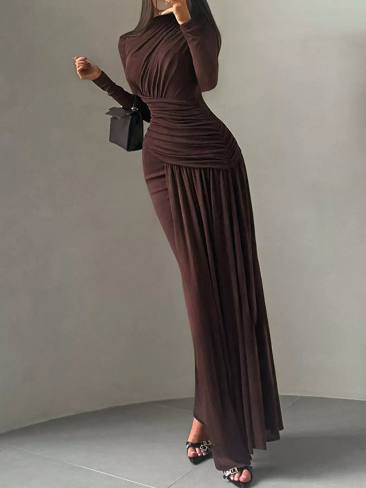 Ruched long sleeve maxi dress brown colourway