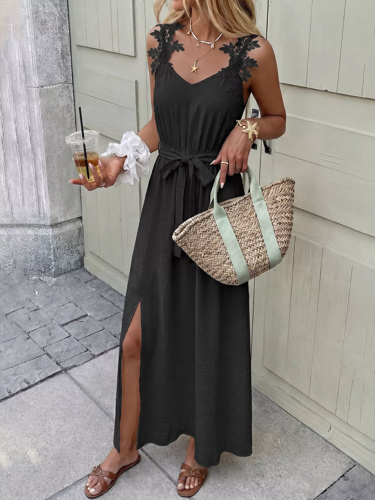 Tied waist maxi dress side view