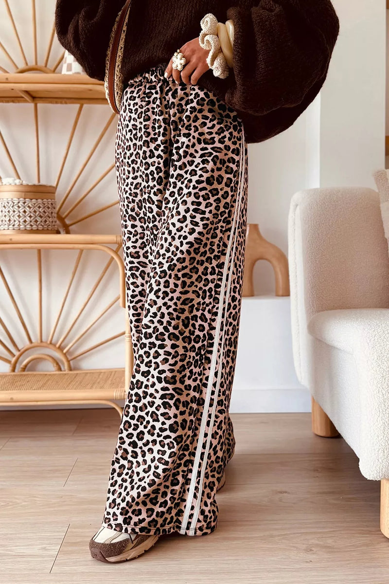 Leopard print wide leg pants with a side stripe front view