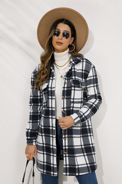 Shiny Plaid Collared Longline Coat Black - Fashorio