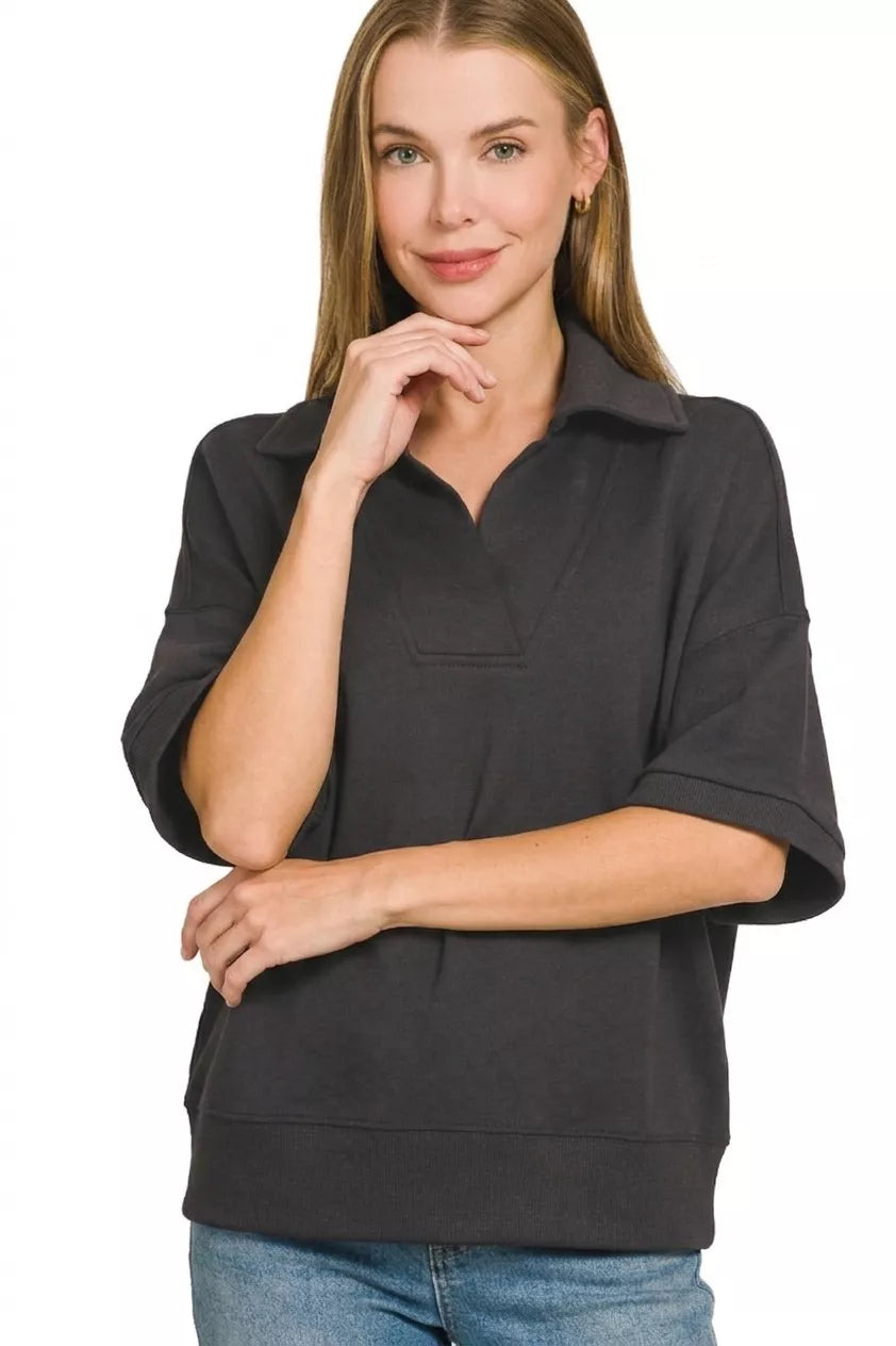Black polo collar scuba pullover detail